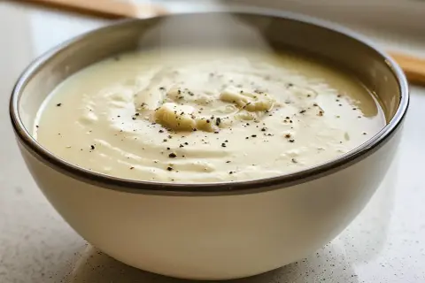 Krämig blomkålssoppa, perfekt för ett mysigt blomkålssoppa recept. Toppad med peppar och små blomkålsbitar.