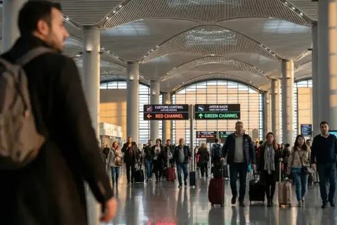 Ludzie z bagażami w nowoczesnym terminalu lotniska, gdzieś w tle znaki "Customs Control" i "Green Channel". Zastanawiasz się, ile alkoholu można przewieźć do Turcji?