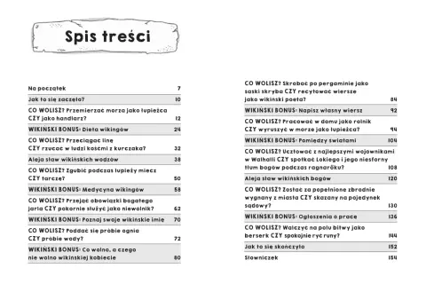 Spis treści z quizami "Co wolisz?" o wikingach, ich życiu, wierzeniach i przygodach.