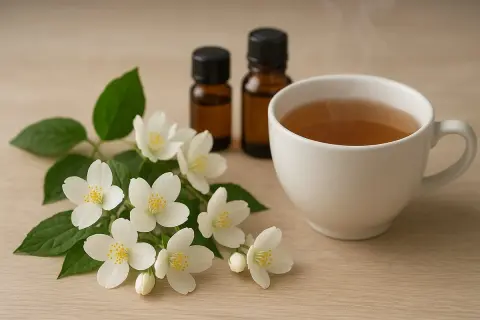 Fleurs de jasmin, deux flacons d'huile essentielle et une tasse de thé fumant. Une invitation à découvrir les jasmin bienfaits pour le bien-être.