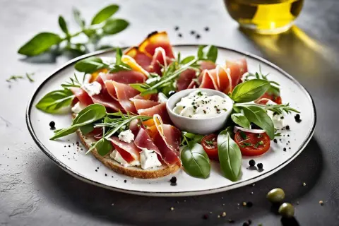 Bruschetta garnie de speck italien, fromage frais, tomates cerises et basilic. Un délice méditerranéen.
