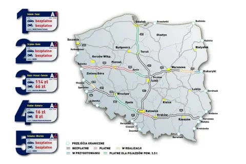 Mapa Polski z zaznaczonymi płatnymi autostradami. Niektóre odcinki są bezpłatne, inne płatne, a część w budowie.