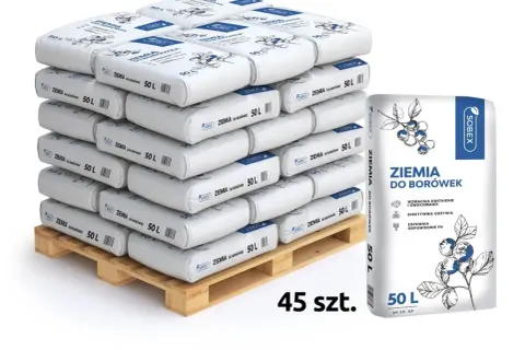 Paleta z 45 workami ziemi do borówek Sobex po 50 L każdy. Idealna do uprawy tych owoców.