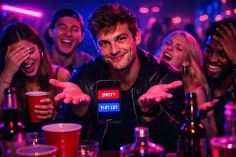 Imprezowa noc, śmieszne pytania na telefonie: "SHOT?" vs "TEXT EX?". Wszyscy się śmieją, czy wybierze drinka, czy byłego?