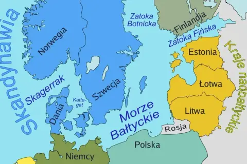 Mapa Morza Bałtyckiego i krajów nadbałtyckich: Skandynawia, Polska, Litwa, Łotwa, Estonia, Finlandia, Rosja, Niemcy.
