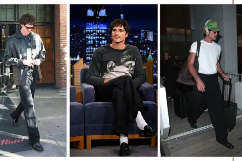 Jacob Elordi físico: tres looks del actor. Uno con chaqueta de cuero, otro en un programa de TV y uno más viajando con equipaje.