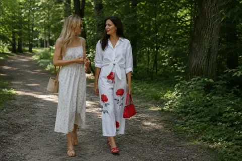 Dwie kobiety spacerują po leśnej ścieżce. Jedna w sukience w drobne kwiatki, druga w eleganckich spodniach w kwiaty z dużymi czerwonymi różami.