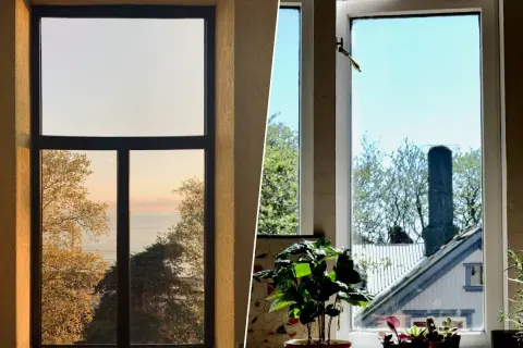 Ventajas del vidrio: vistas al mar y al jardín desde dos ventanas.