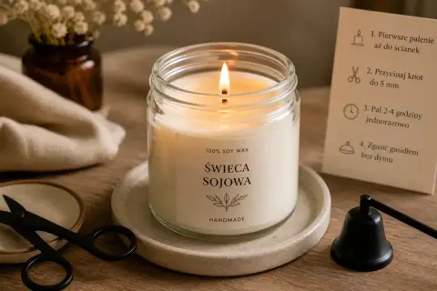 Płonąca świeca sojowa w szklanym słoiku, obok instrukcji palenia i akcesoriów.