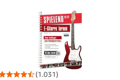 Buchcover: "Spielend E-Gitarre lernen" mit roter E-Gitarre. Ideal für Anfänger, die ohne Noten spielen wollen.