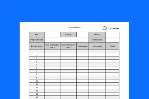 Lista obecności do rozliczania pracy zdalnej. Zawiera pola na datę, czas rozpoczęcia i zakończenia pracy, ilość godzin, informacje i podpis.