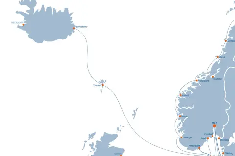 Mapa tras promowych z Islandii do Norwegii i Danii, z zaznaczonymi portami jak Seyðisfjörður i Tórshavn.
