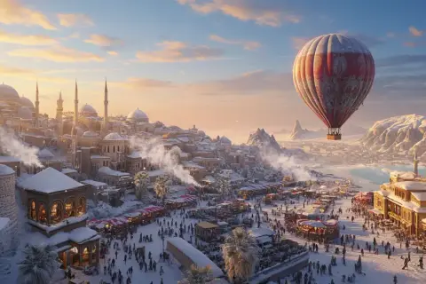 Zimowa sceneria w Turcji w styczniu: zasypane śniegiem miasto z kopułami i minaretami, tętniący życiem bazar pod gołym niebem i balon unoszący się nad krajobrazem.