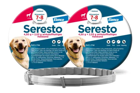 Zwei Seresto Halsbänder für Hunde (>8kg) mit 7-8 Monaten Schutz vor Zecken, Flöhen und Haarlingen. Informationen zu Wirkstoffen und indirektem Schutz vor Krankheiten. Keine Erwähnung von Seresto Halsband Nebenwirkungen.