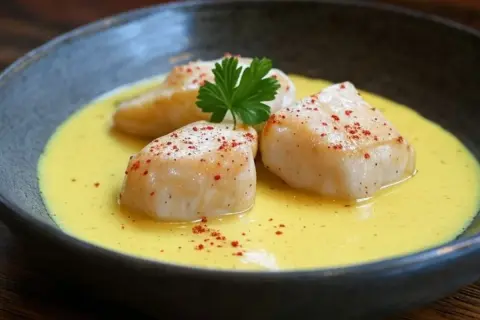 Trois morceaux de lotte poisson, saupoudrés de paprika, baignent dans une sauce crémeuse et jaune, garnie d'une feuille de persil.