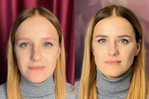 Przed i po zabiegu: różowe brwi zamienione na idealnie podkreślone. To efekt, jaki daje henna pudrowa.