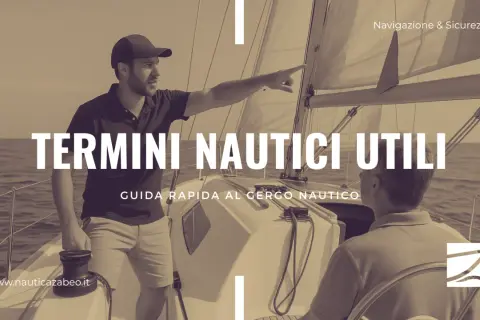 Uomo indica la rotta su una barca a vela, mentre un altro è al timone. Titolo: "Termini Nautici Utili". Imparare il significato di "imbardata" e altri termini.