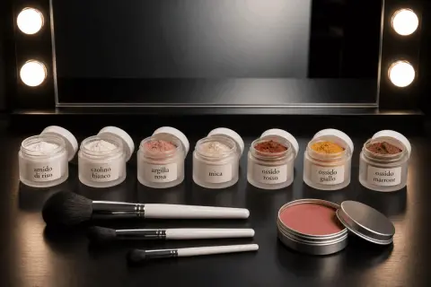 Barattoli di polveri per makeup: amido, caolino, argilla rosa, mica, ossidi colorati. Pennelli e blush in polvere.