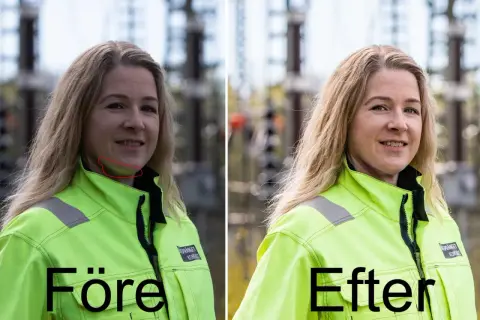 Före- och efterbilder på en kvinna i varseljacka. Bilden visar hur en redigering kan ge fina profilbilder.
