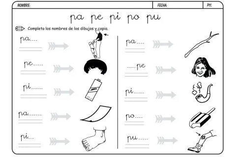 Hoja de trabajo para practicar las **fichas letra p**. Ejercicios para completar palabras con sílabas como pa, pe, pi, po, pu, asociándolas a dibujos.