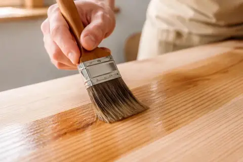 Mano che stende vernice trasparente su un piano di legno con un pennello. Un modo per proteggere e rinnovare il legno, ideale per chi vuole sapere come riempire buchi nel legno con finiture.
