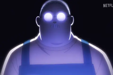 Ein Mann mit leuchtenden Augen und Schnurrbart, der eine Latzhose trägt. Möglicherweise ein Charakter aus Sakamoto Days Staffel 2.
