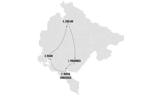 Karte von Montenegro mit einer Route: Podgorica (1), Rijeka Crnojevica (2), Risan (3) und Žabljak (4).
