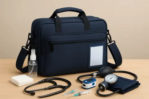 Sacoche de materiel infirmier liberal : tensiomètre, stéthoscope, seringues, désinfectant, compresses et saturomètre.