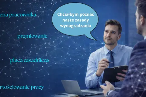 Dwóch mężczyzn w garniturach rozmawia. Jeden z nich trzyma notatnik i długopis, a nad jego głową znajduje się dymek z tekstem.