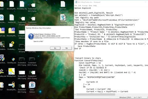 Jak sprawdzić klucz Windows 10? Na pulpicie widać okno "BackUp Windows Key Information" z nazwą produktu i identyfikatorem.