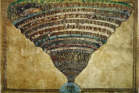 Dantes Inferno Spiel: detaillierte Darstellung der neun Kreise der Hölle, wie sie in Dantes Göttlicher Komödie beschrieben werden.