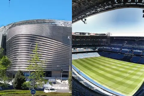 Stadion w Madrycie w trakcie przebudowy. Widok z zewnątrz i wnętrza z murawą.