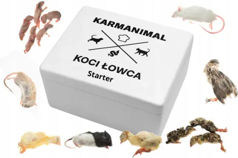 Karmianimal Koci Łowca Starter: zestaw whole prey z myszami, pisklętami i przepiórkami.