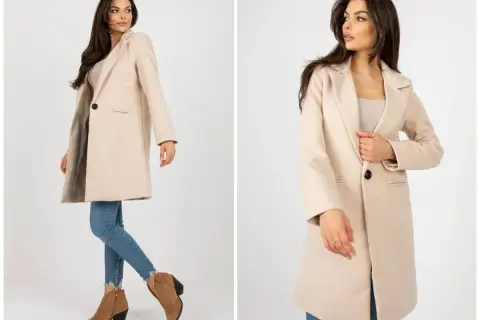 Elegancka kobieta w beżowym płaszczu, uosobienie włoskiej mody. Idealny na co dzień i specjalne okazje.