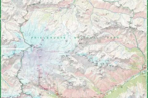 Mapa turystyczna Prielbrusye National Park. Widoczne lodowce, szlaki i miejscowości, w tym Elbrus. Tu dowiesz się, gdzie leży Elbrus.