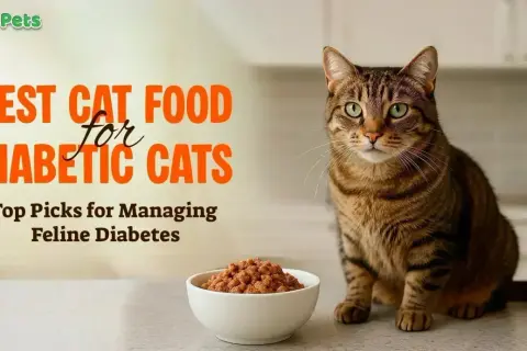 A tabby cat sits beside a bowl of kibble, with text reading "BEST CAT FOOD for DIABETIC CATS" and "Top Picks for Managing Feline Diabetes.