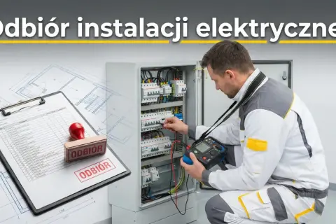 Elektryk sprawdza instalację elektryczną przy użyciu miernika. Obok protokół odbioru instalacji elektrycznej z pieczątką "ODBIÓR".