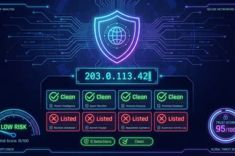 Analiza IP: 203.0.113.42. Wykryto wpisy na czarnej liście IP w bazach danych. Niskie ryzyko, 0 detekcji.