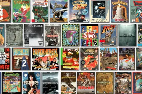 Kolekcja okładek gier na PC z lat 2000. Znajdziemy tu takie perełki jak Gothic 3, The Sims, czy Wolfenstein.