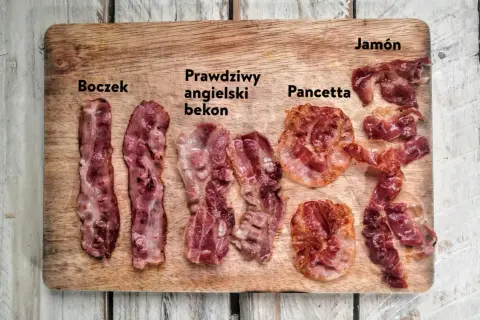 Jaki boczek do carbonary? Na desce porównanie: boczek, prawdziwy angielski bekon, pancetta i jamón.