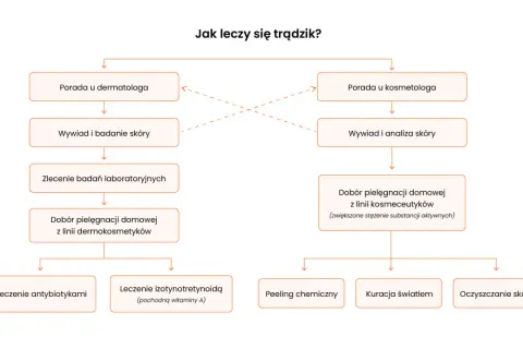 Schemat leczenia trądziku: porada u dermatologa lub kosmetologa, badania, dobór pielęgnacji domowej i zabiegi takie jak antybiotyki, izotynotretynoina, peelingi, kuracja światłem, oczyszczanie skóry.