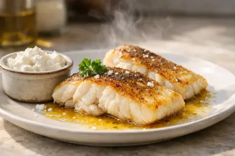Deux filets de lieu noir poêlés, fumants, servis avec une sauce dorée et un petit ramequin de fromage blanc émietté.