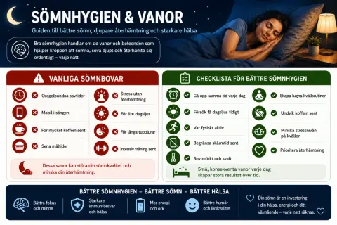 En kvinna sover gott. Bilden ger tips för att varva ner och förbättra sömnen, med en checklista för god sömnhygien.
