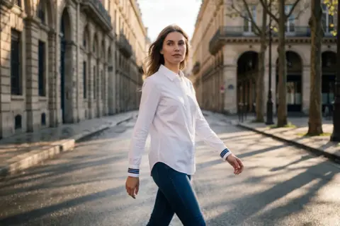 Donna con camicia bianca e jeans cammina per strada. Sotto la camicia bianca, un top a canotta o un body sono ideali.