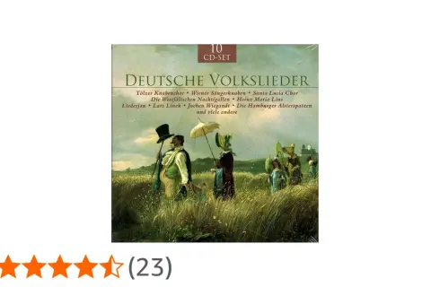 Cover einer 10-CD-Box mit dem Titel "Deutsche Volkslieder". Darauf eine romantische Landschaft mit Figuren.