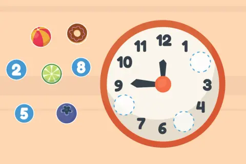 Spielerisch lernen Kinder die Uhr: Bälle, Donuts und Früchte helfen, die Zeit zu verstehen.
