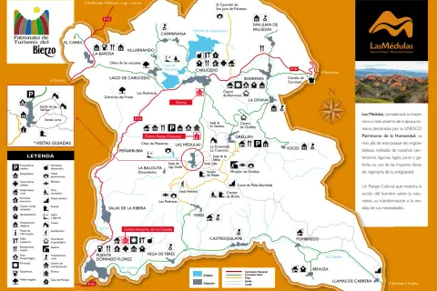 Mapa turístico del Bierzo, ideal para saber qué ver en León, con rutas, pueblos y puntos de interés como Las Médulas.