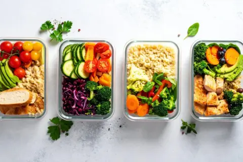 Vier Glasbehälter mit gesunden Mahlzeiten: Quinoa, Gemüse, Hähnchen und Brot. Perfekt für gesunde Kochrezepte zum Mitnehmen.