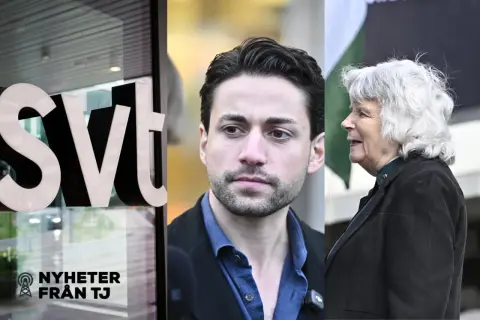 SVT-loggan, en ung man och en äldre kvinna. Ett fyrfaldigt leve för nyheter från TJ.