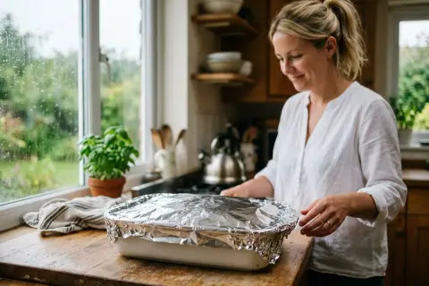 Kobieta w kuchni przygotowuje danie w naczyniu przykrytym folią aluminiową. Za oknem deszcz.